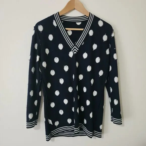 Gispa Italy Womens Wool-Blend V-Neck Sweater Navy Blue White Polka Dot Size 6/8 - Picture 3 of 8